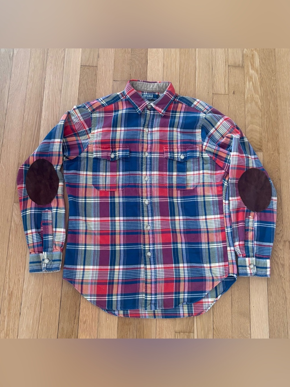 Vintage Ralph Lauren Hunting Shirt Medium Plaid Leather Elbow Patch Button Up